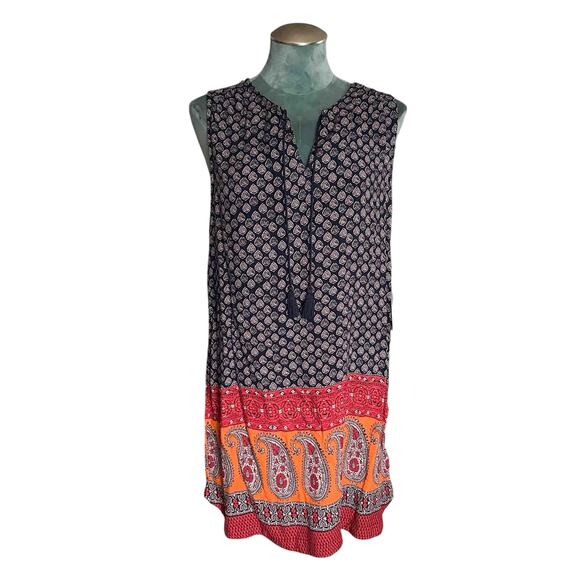 Beach Lunch Lounge Women's Tassel Neck Tunic Shift Dress Multi Geo Print Size XL - Picture 1 of 6